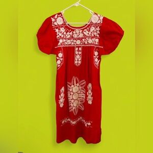 Vintage 1970’s Red Mexican peasant dress with white embroidered floral design